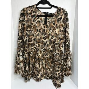 Atmosphere Women's Long Split Sleeve Large Leopard Print Blouse Fringe